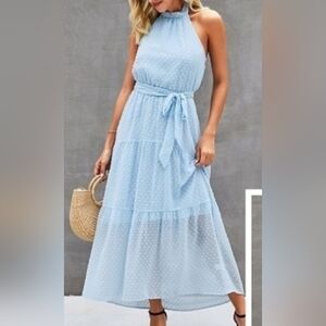 Halter Swiss Dot Long Maxi Dress Casual Sleeveless Dress - Light Blue
